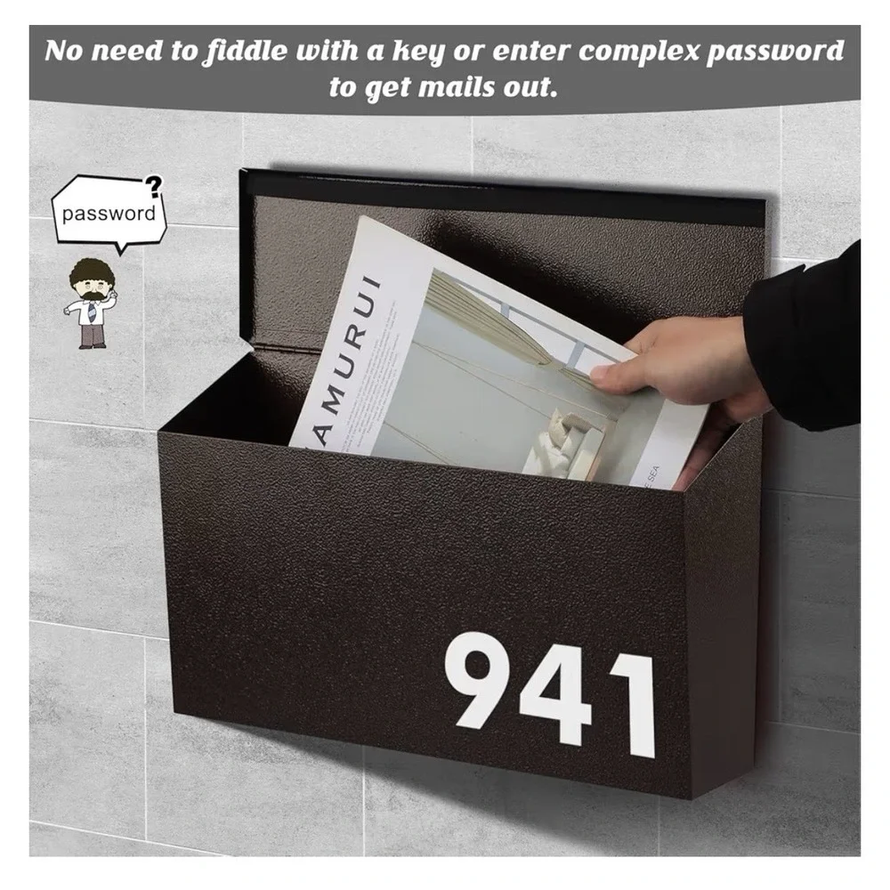 Large Wall Mounted Metal Mailbox Brown Powder Coated Non-Locking